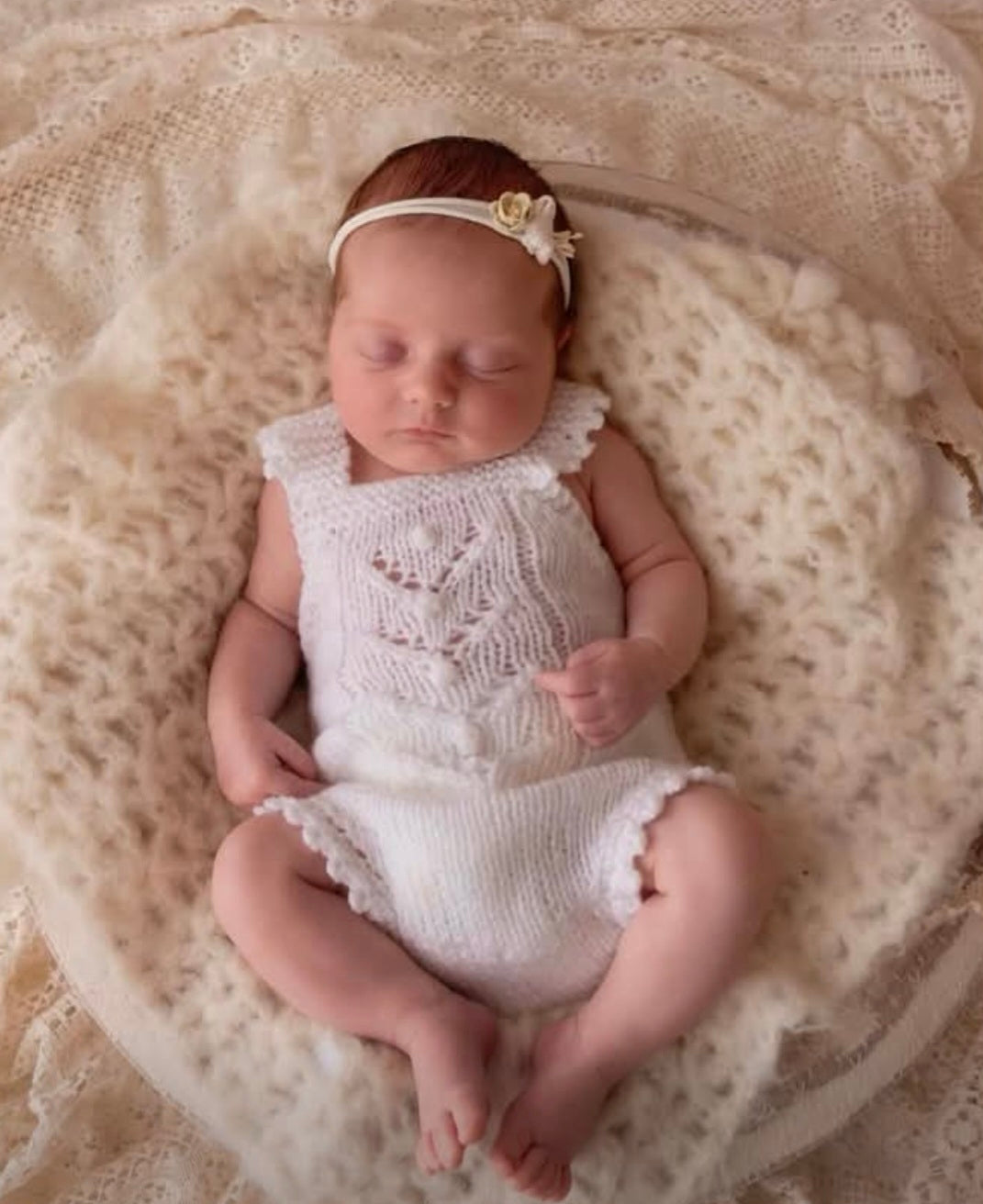 RTS Newborn White Lacy Popcorn knitted baby girl romper. (Ready to send) Photographty prop, coming home outfit.