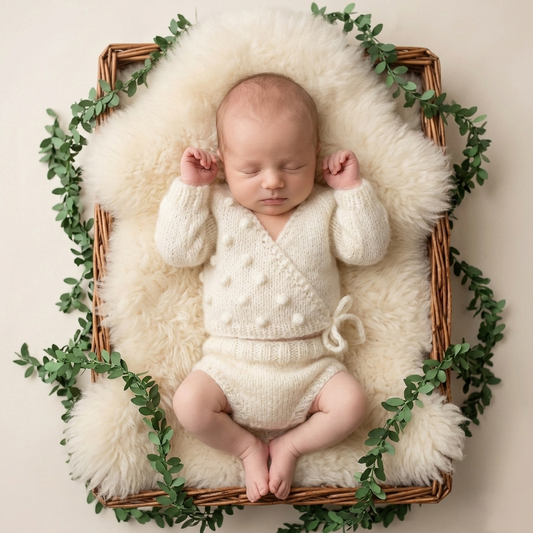 Gorgeous Handknit newborn baby kimono style cross over sweater and pants set. &nbsp;Made in size newborn- which is perfect for a baby under 20 days old, as a photography prop, or hospital coming home outfit. Or 0-3 months size which makes a lovely baby shower gift.&nbsp;