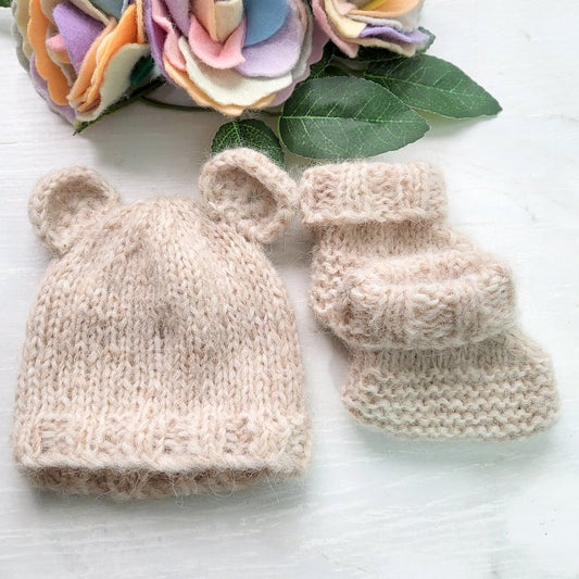 Beige Baby Bear Hat and Bootie Set in soft Alpaca (READY to send) Newborn size