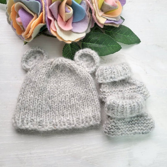 Light Grey Baby Bear Hat and Bootie Set in soft Alpaca (READY to send) Newborn size