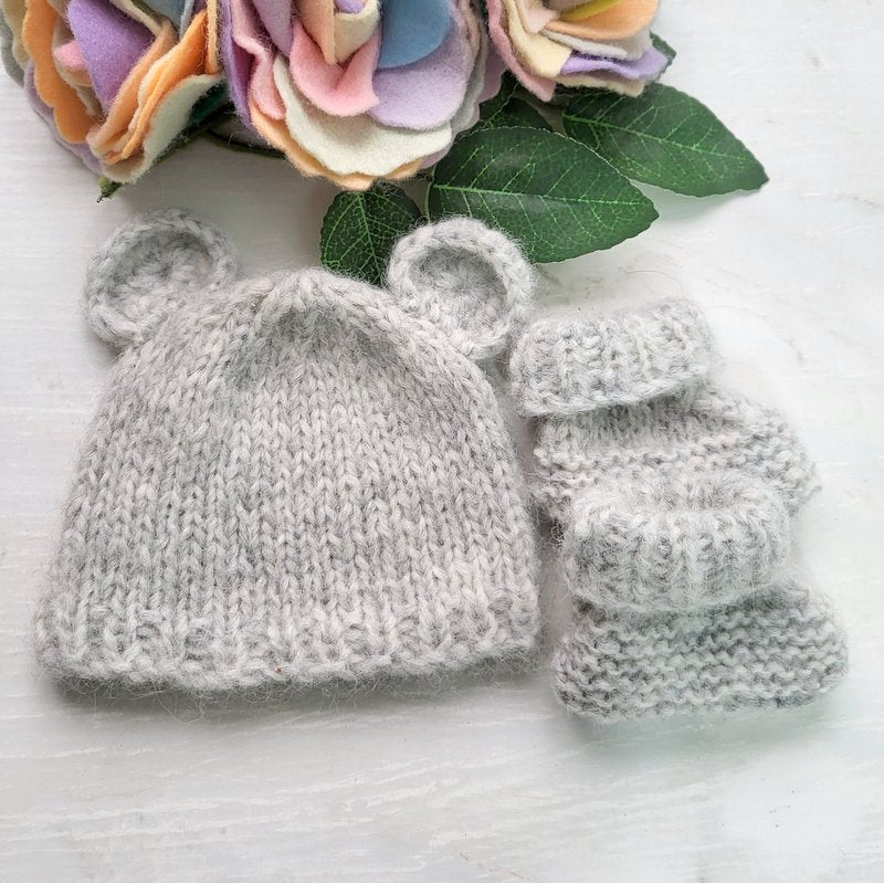light grey baby bear hat with matching shoes