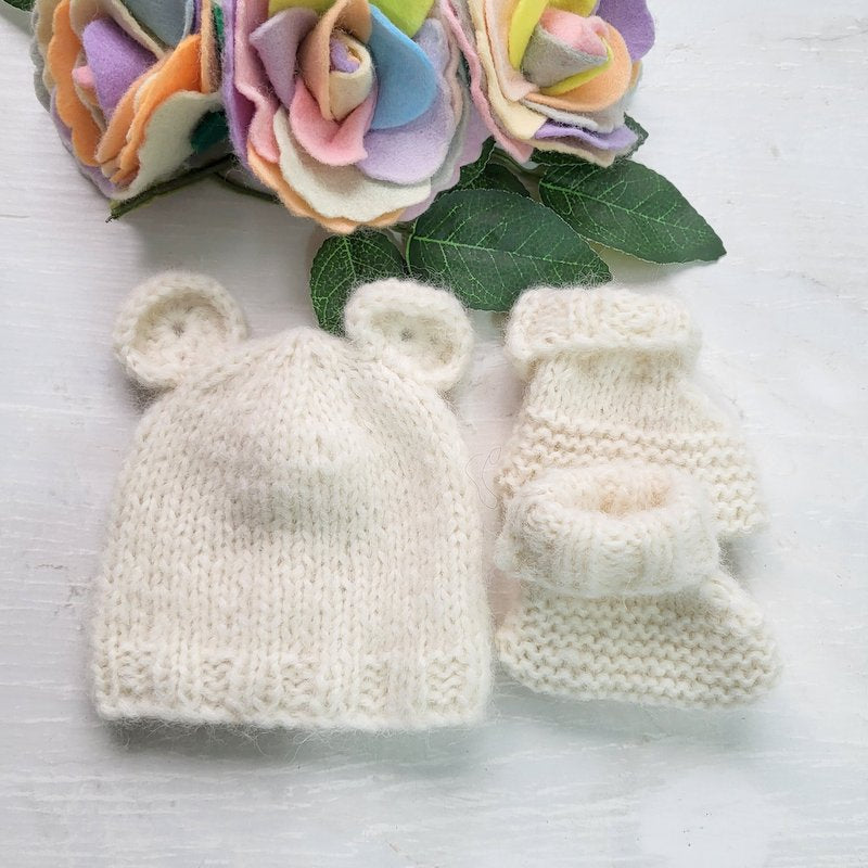 cream knitted baby bear beanie hat with baby socks