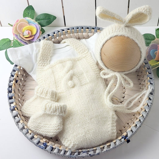new baby first easter outfit bunny bib romper with pom pom tail with a matching bunny ears bonnet and little booties