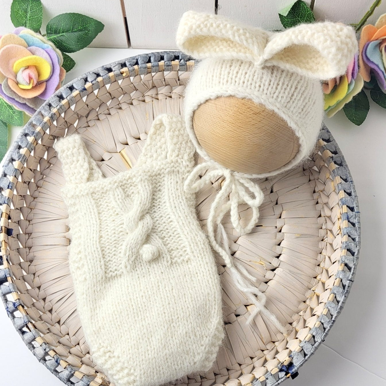 cream newborn bunny romper and bunny ears bonnet, with pom pom tail, newborn photo prop coming home outfit