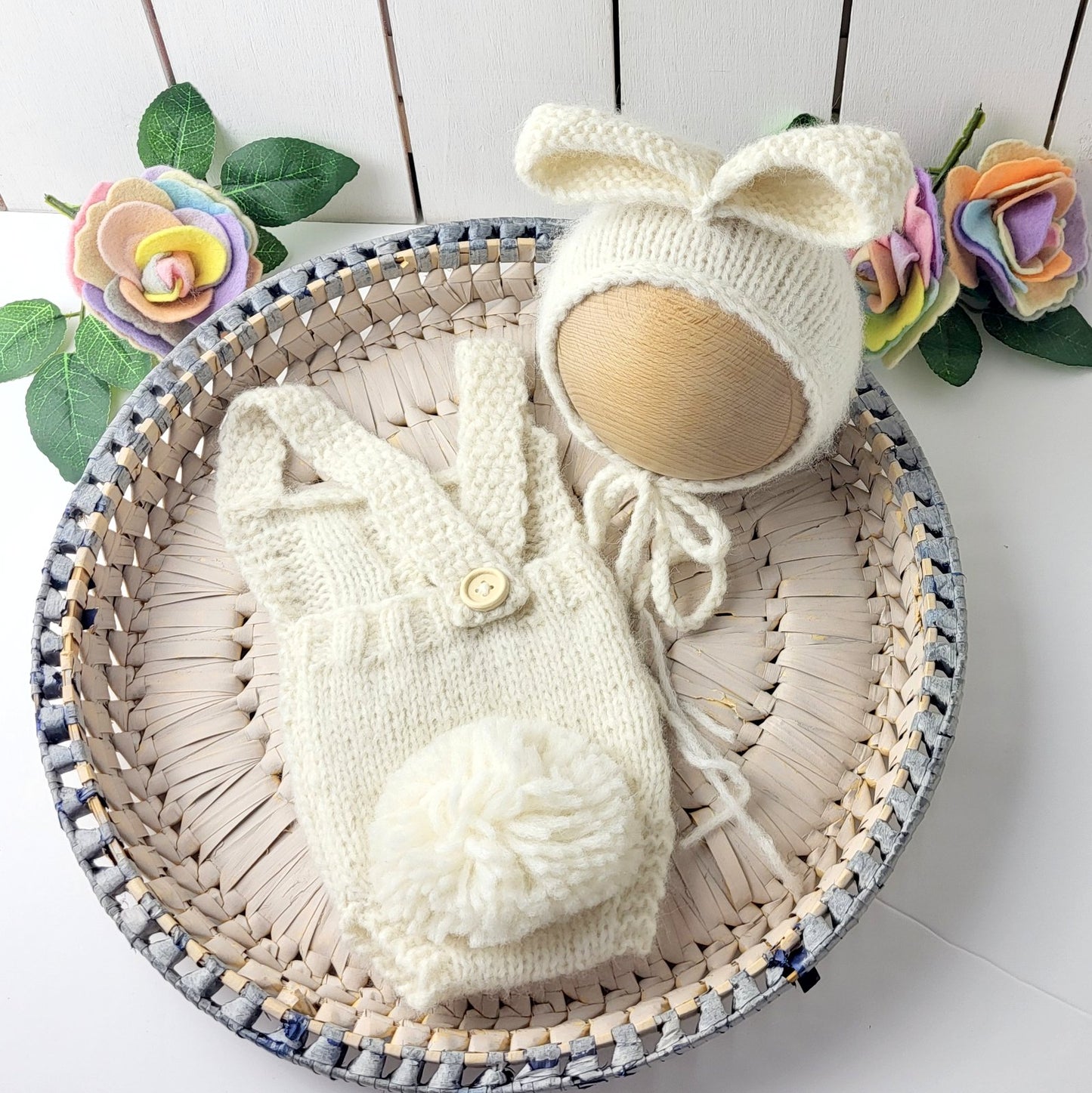 cream bunny tail romper for newborn baby with matching bunny bonnet