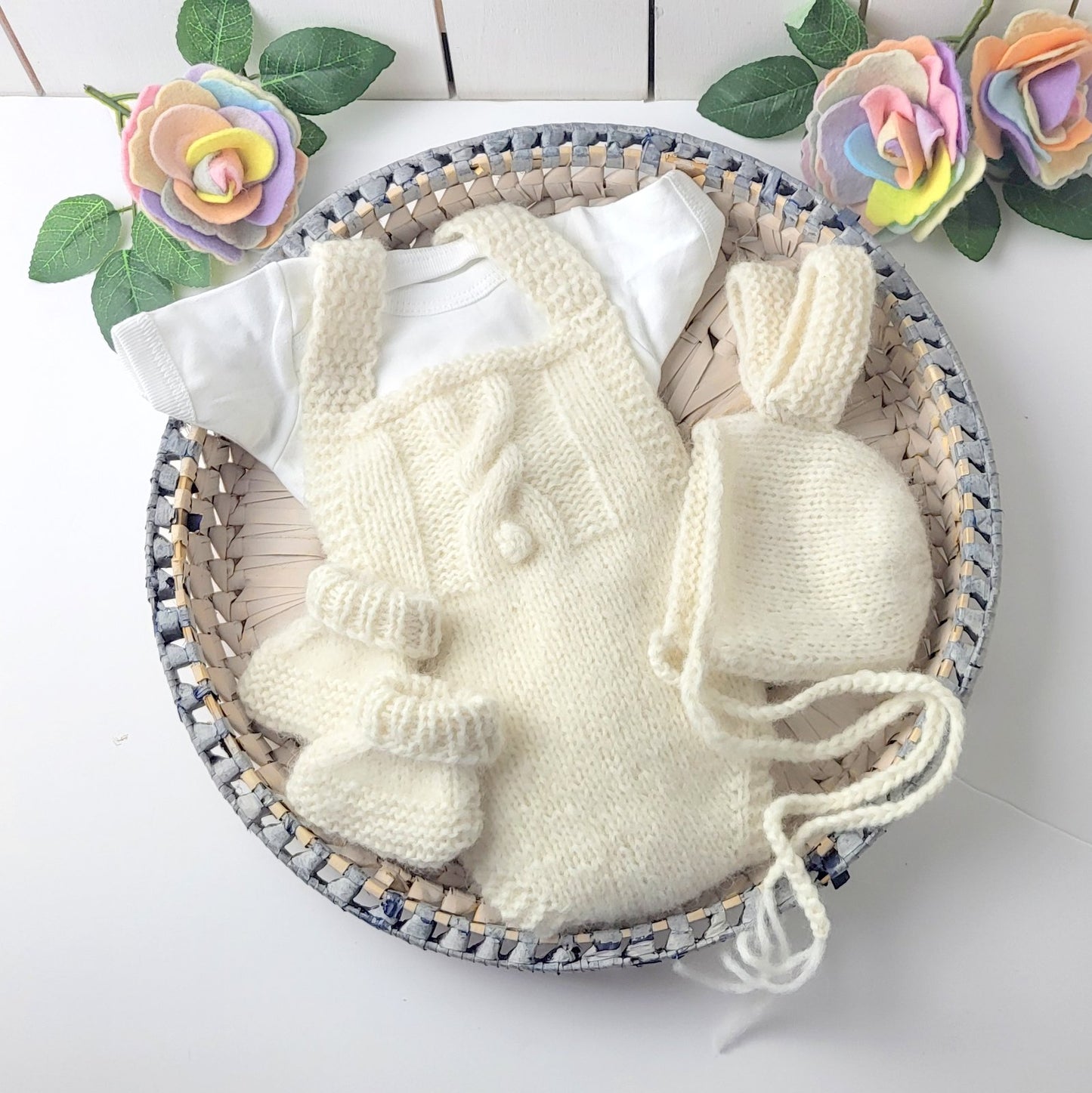 handknit cream baby first easter outfit with bonnet and booties