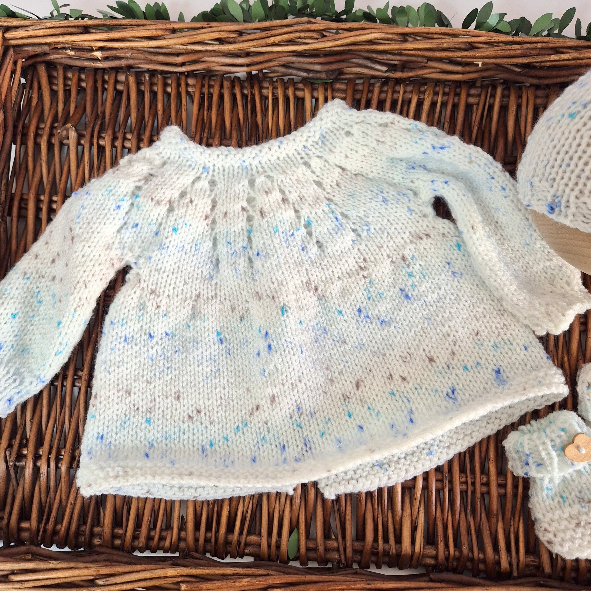 handknit baby cardigan hat and bootie set for a baby boy white with brown and blue speckles
