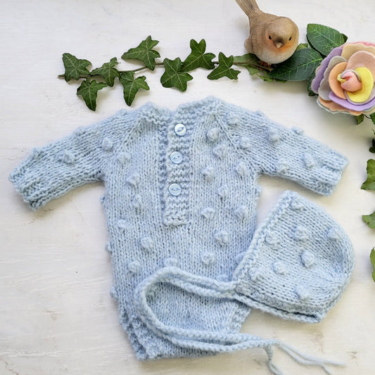 Blue Popcorn Bubble Knit Romper and Bonnet set for a newborn boy or girl (Ready to send)