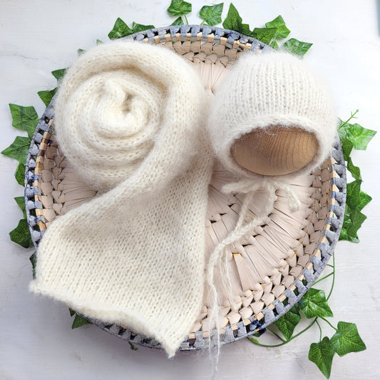 cream knit wrap and bonnet set for newborn photo shoot