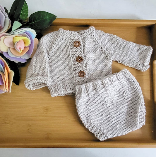 knitted newborn sweater top and pants set for photo prop use