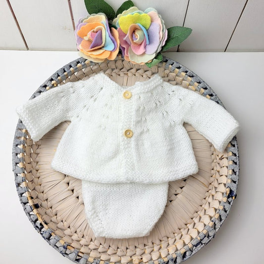 handknit white newborn baby romper and cardigan set in white