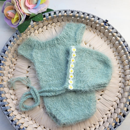 knitted newborn photo prop romper and bonnet set in light green 