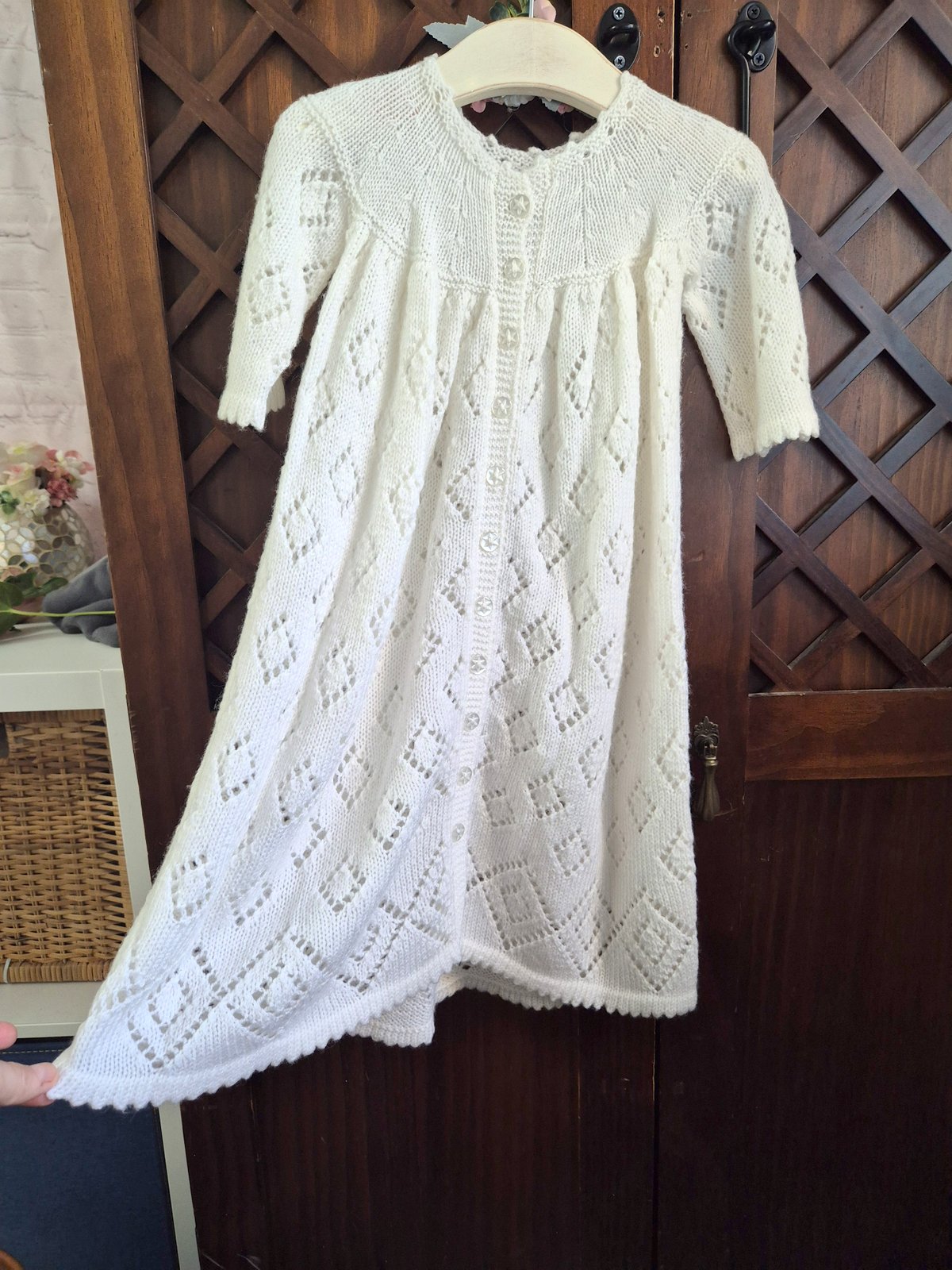 3 - 9 months White Knitted Lace Baptism / Christening Dress : Vintage Heirloom Gown.  (Ready to send) Cardigan