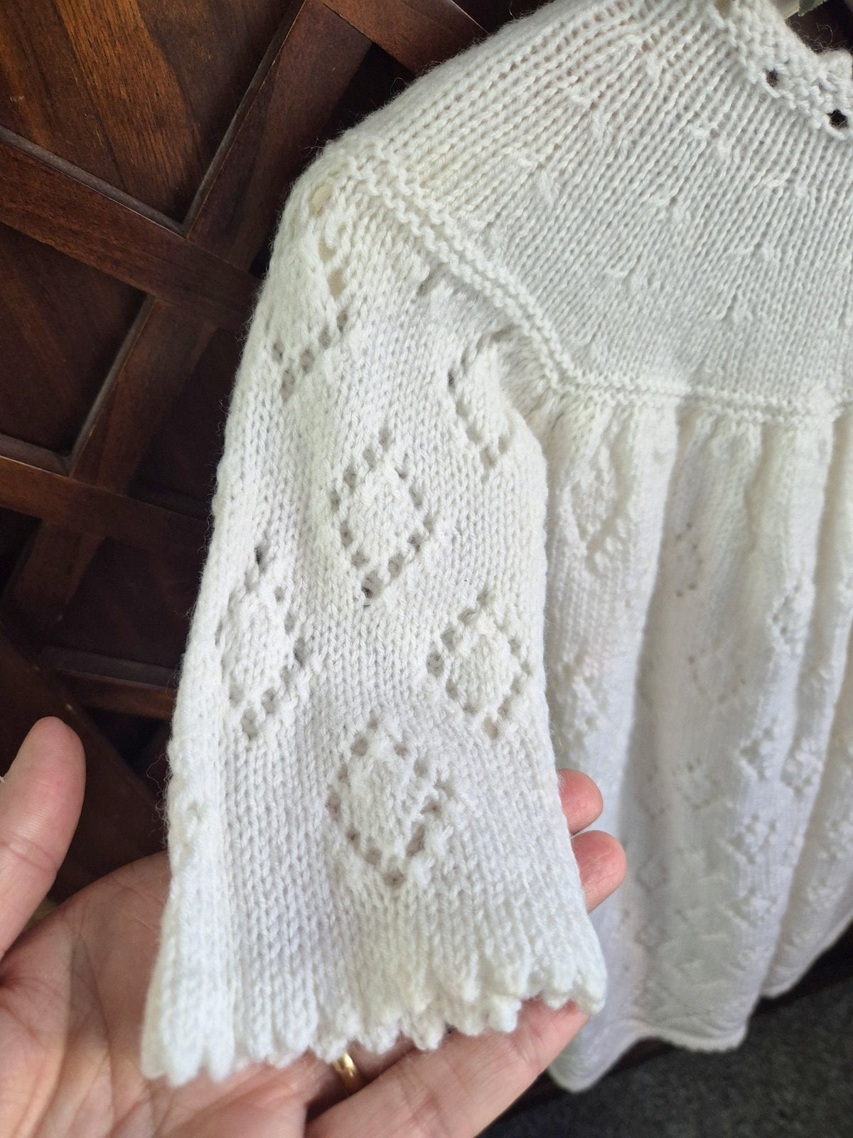 3 - 9 months White Knitted Lace Baptism / Christening Dress : Vintage Heirloom Gown.  (Ready to send) Cardigan