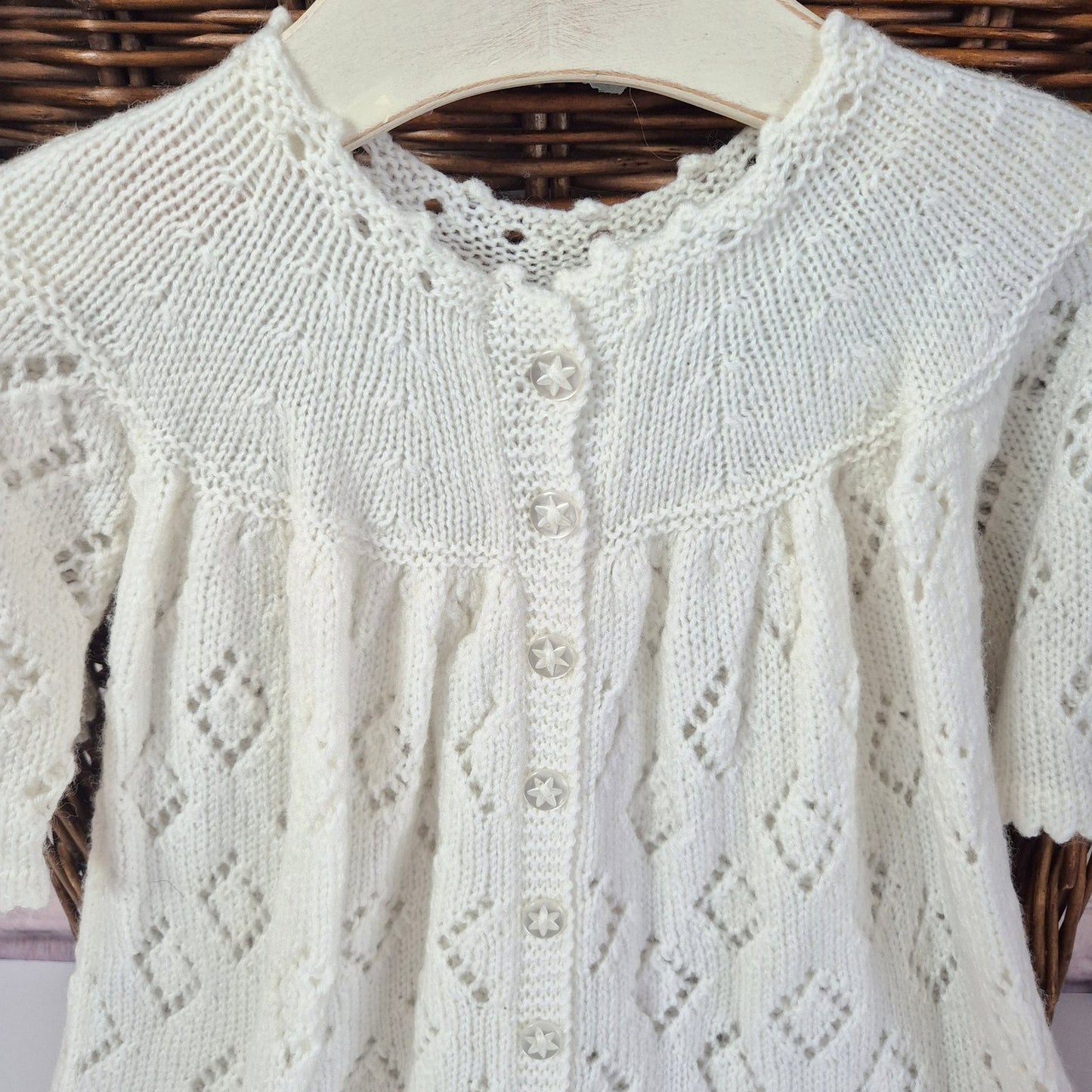 3 - 9 months White Knitted Lace Baptism / Christening Dress : Vintage Heirloom Gown.  (Ready to send) Cardigan