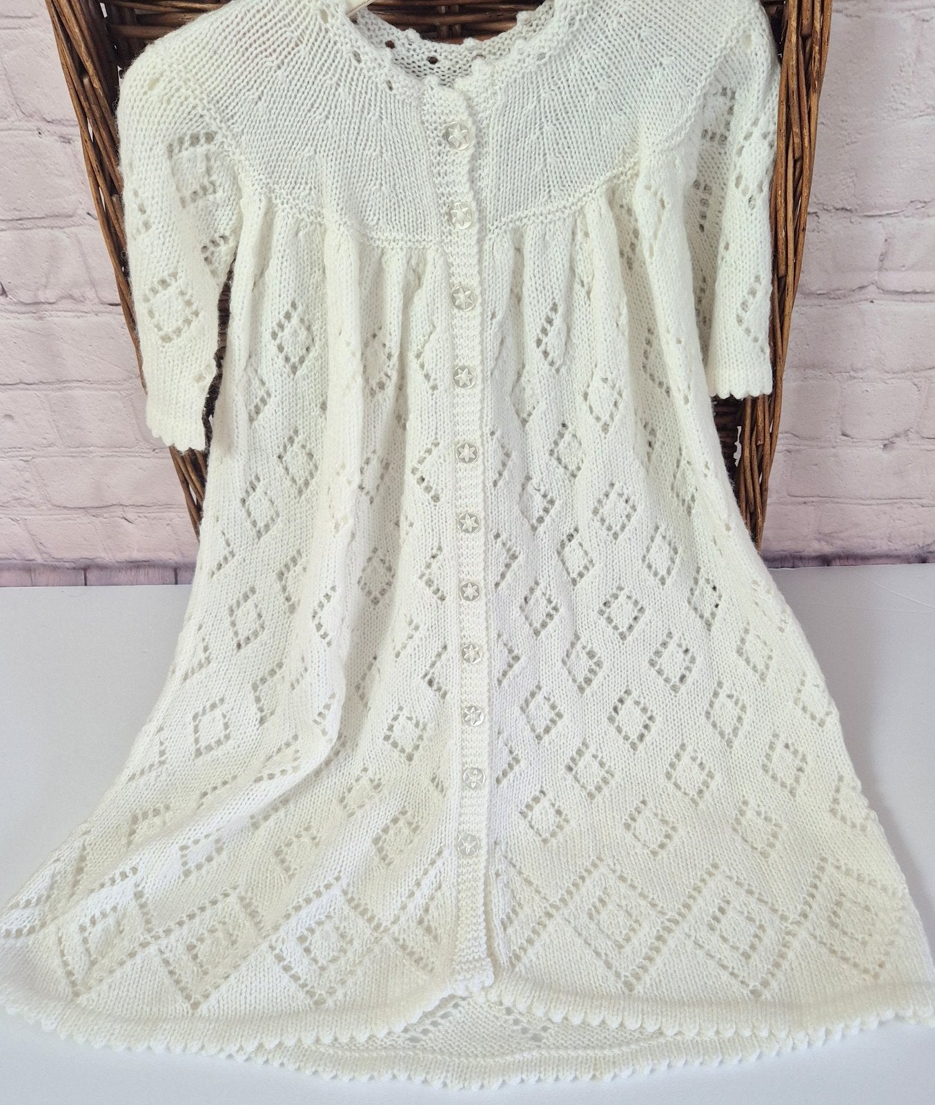 3 - 9 months White Knitted Lace Baptism / Christening Dress : Vintage Heirloom Gown.  (Ready to send) Cardigan