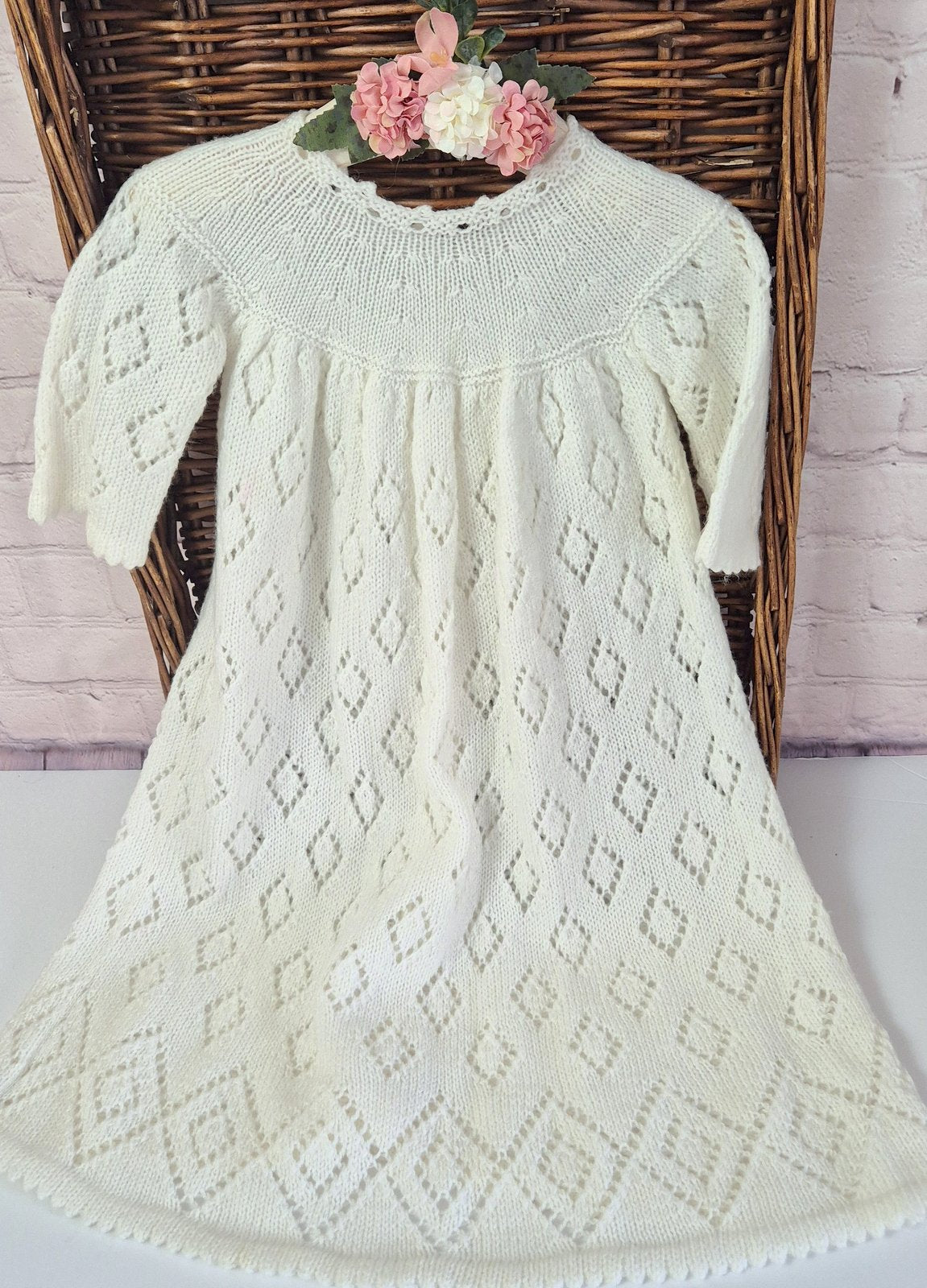 3 - 9 months White Knitted Lace Baptism / Christening Dress : Vintage Heirloom Gown.  (Ready to send) Cardigan