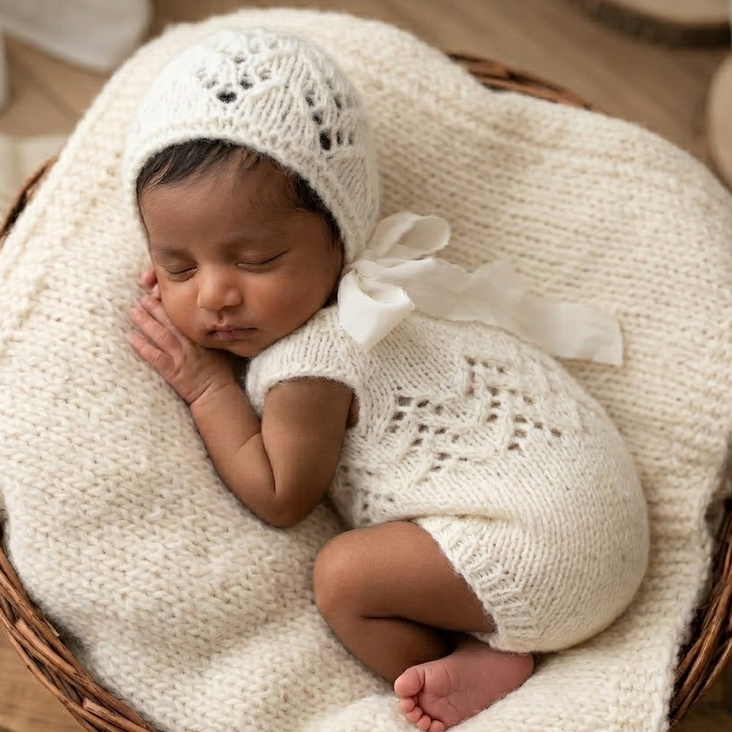 Newborn baby in a white knitted outfit with a bow, lying in a wicker basket.