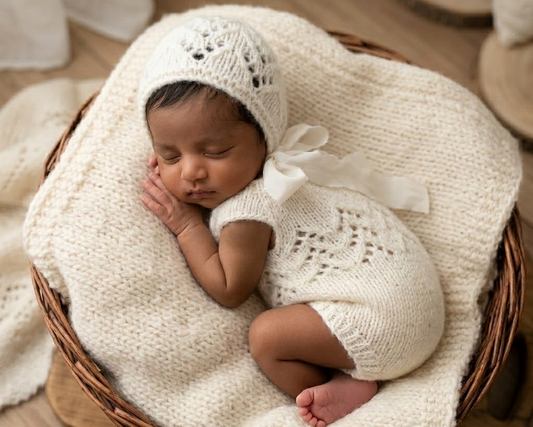 Newborn baby in a white knitted outfit with a bow, lying in a wicker basket.