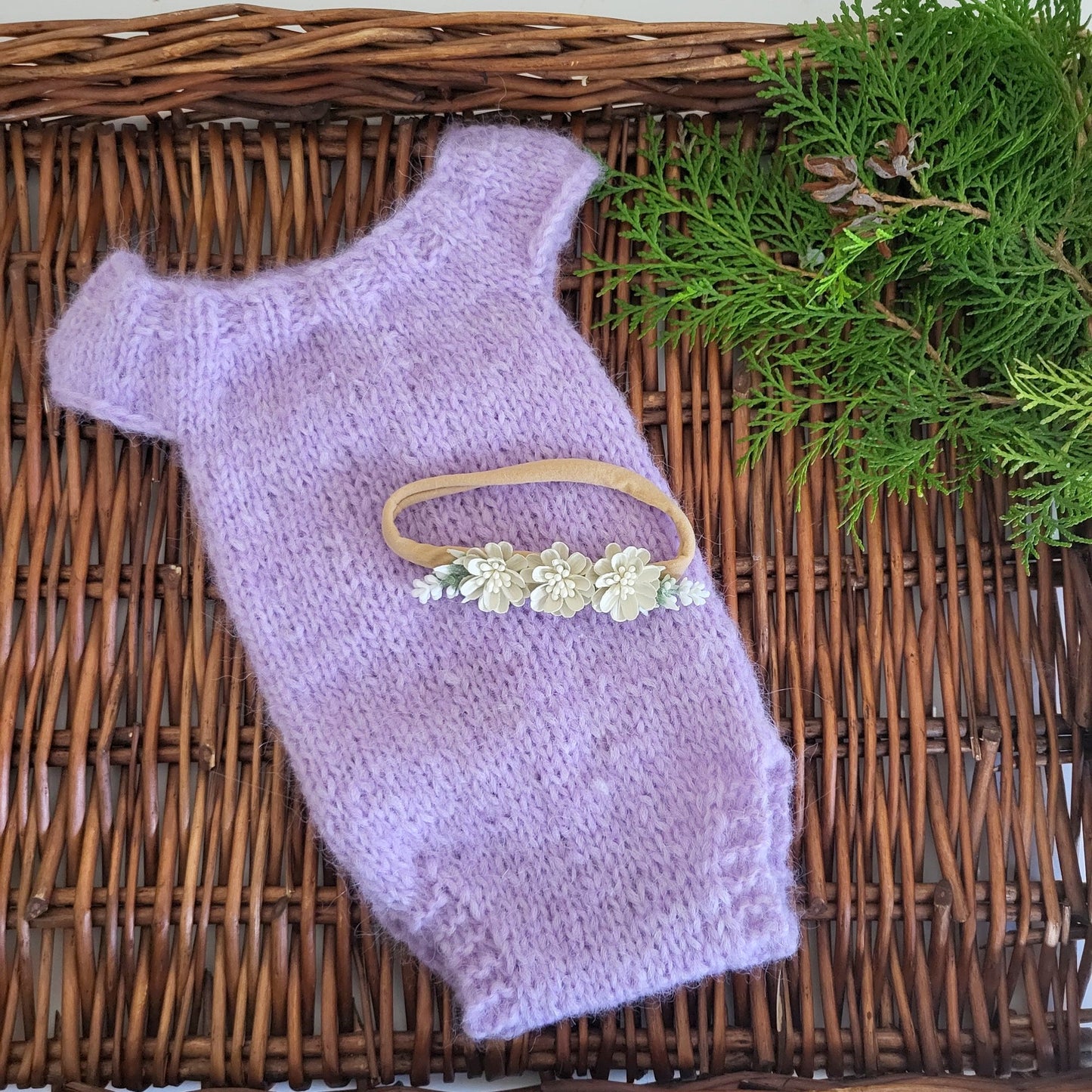 lavender purple baby girl romper and headband for newborn photo shoots