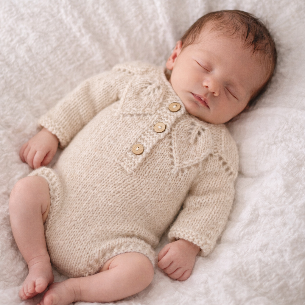 beige knitted newborn romper with long sleeves and a leaf pattern on the top.