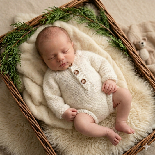 Simple Classic style baby romper with long sleeves. Hand knit newborn / 0-3 months old baby romper with . Made from soft alpaca yarn, with little wooden buttons. Suitable for baby boys or girls.