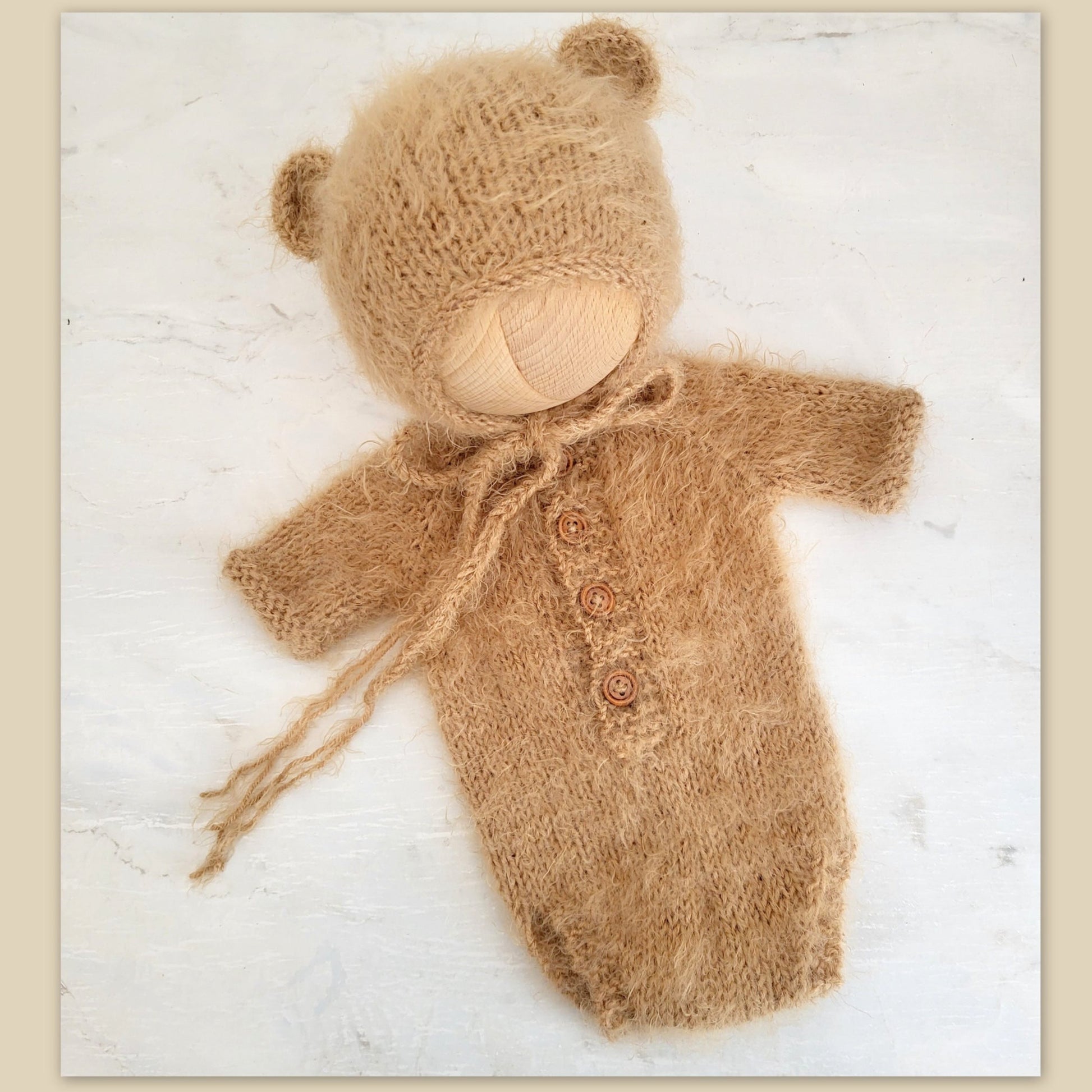 fuzzy brown bear romper and bear ears bonnet for newborn photo shoot baby boys