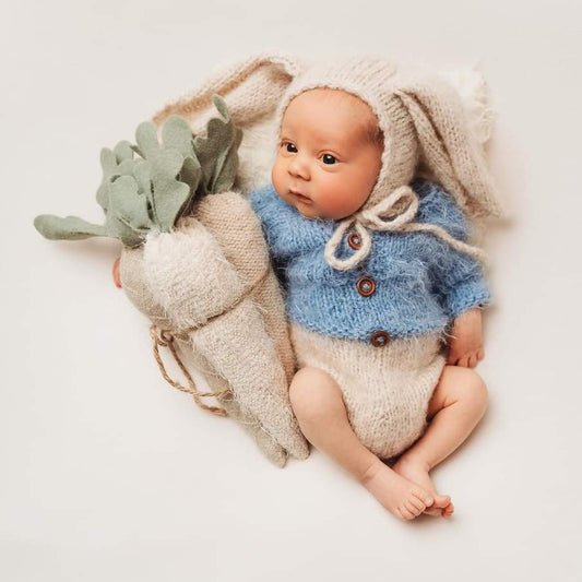 peter rabbit costume for newborn babies blue and beige knitted romper