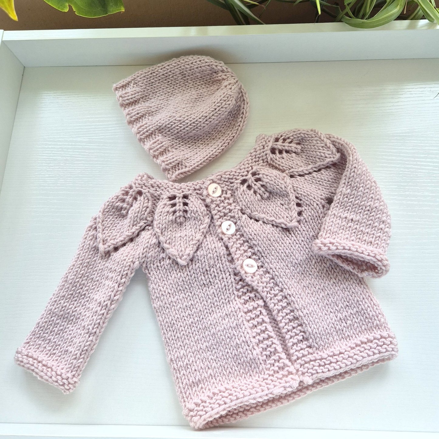 Oyster Pink Newborn Baby Cardigan & Hat set with Leaf Pattern, Girls Babyshower Gift, Handmade UK (Ready to Send)