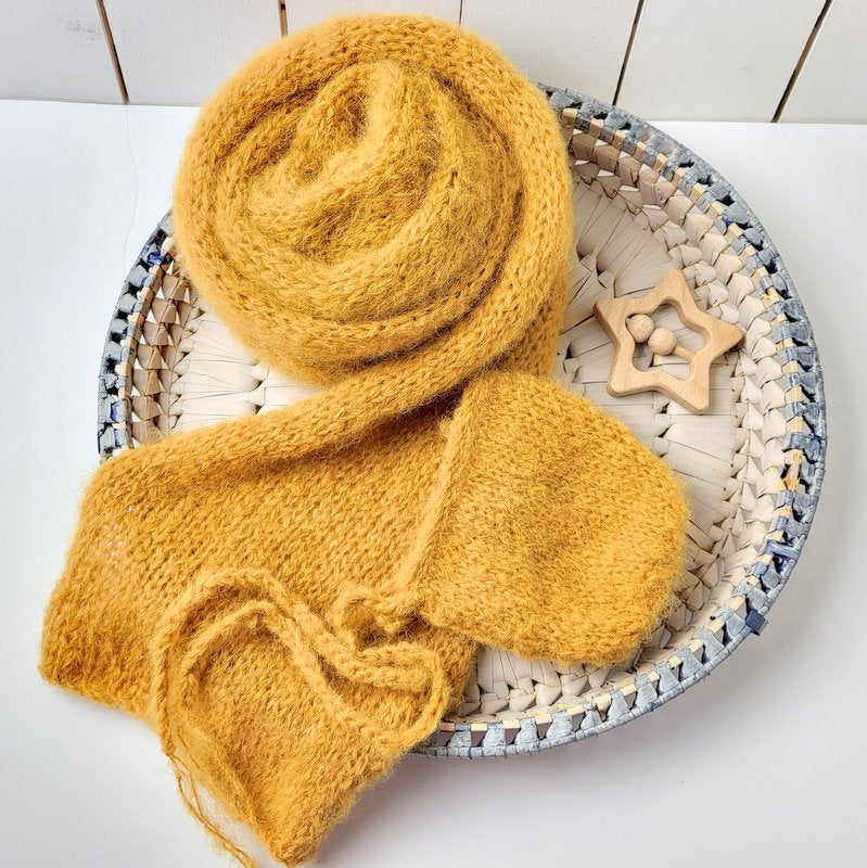 fluffy bonnet and wrap in mustard alpaca yarn, for newborn photo shoots