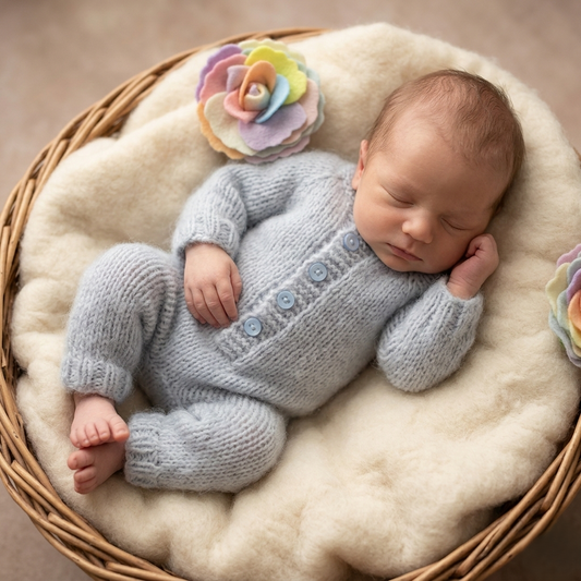 Handknit newborn baby pyjama suit for a newborn photo shoot.&nbsp; Knit in super soft alpaca yarn, that is itch free, and just lovely for a tiny baby.&nbsp; The pajama suit can be made with feet, or open foot, if you prefer to show off little toe-beans in your photos!

The romper has long sleeves, and wooden buttons down the front, The overall is very stretchy,&nbsp;and is meant to be a snug fit, to show off newborn curves.