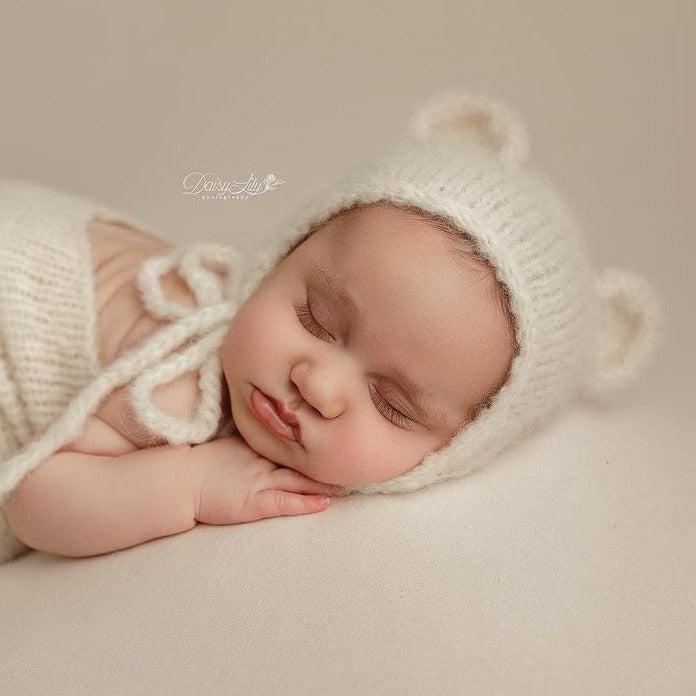 handknit baby bear bonnet in cream