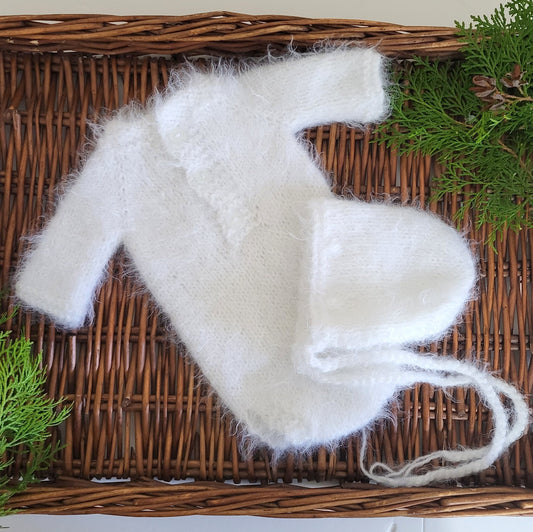 Fuzzy White Romper and bonnet set for Newborn baby (Ready to send)