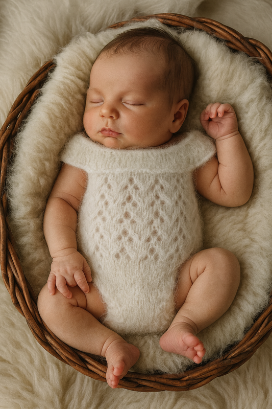 Newborn baby in a white knitted outfit lying in a wicker basket on a soft surface