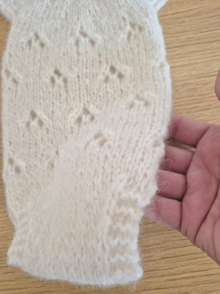Newborn Baby Girl Knitted Romper in Cream Alpaca, with all over lace pattern ( Ready to send) Photography prop