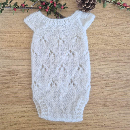 Newborn Baby Girl Knitted Romper in Cream Alpaca, with all over lace pattern ( Ready to send) Photography prop