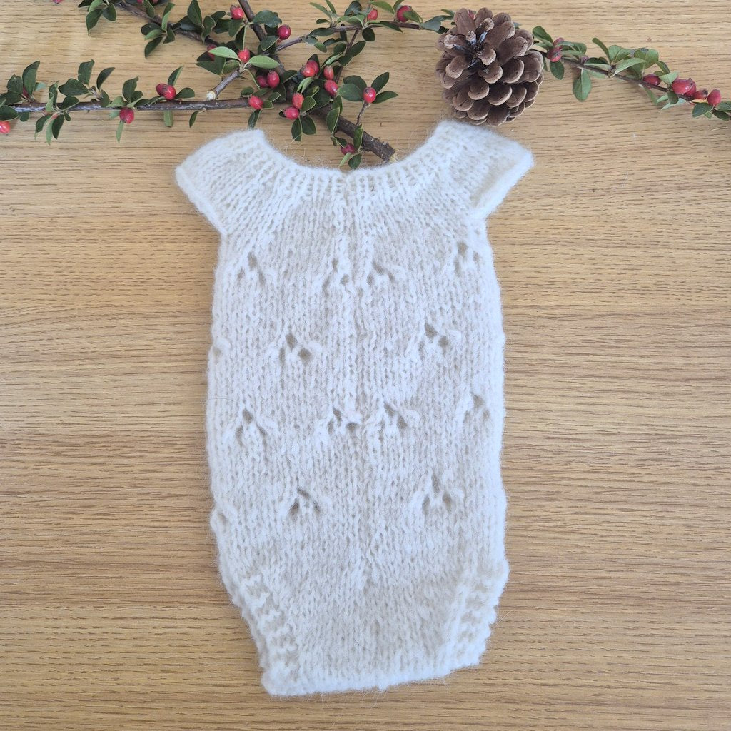 Newborn Baby Girl Knitted Romper in Cream Alpaca, with all over lace pattern ( Ready to send) Photography prop