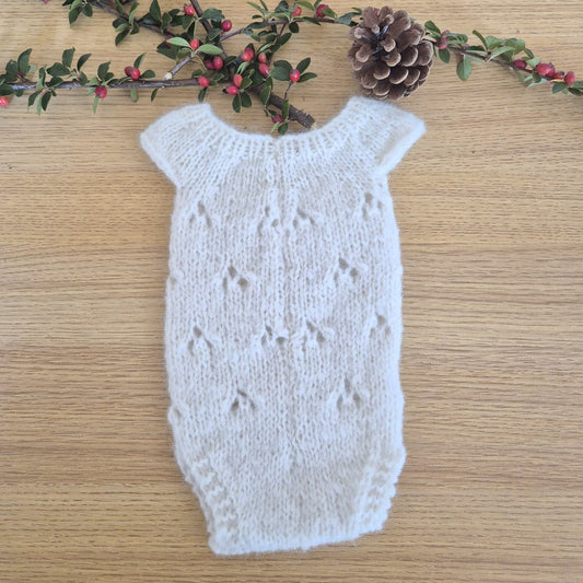 Newborn Baby Girl Knitted Romper in Cream Alpaca, with all over lace pattern ( Ready to send) Photography prop
