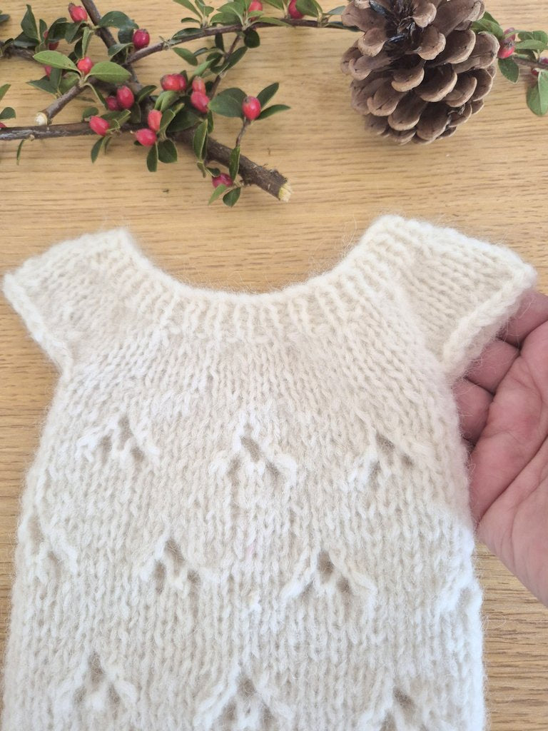 Newborn Baby Girl Knitted Romper in Cream Alpaca, with all over lace pattern ( Ready to send) Photography prop