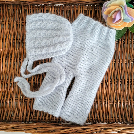 Pale Baby Blue Knitted Trousers with Cabled Bonnet  (Ready to Send) Newborn photo prop