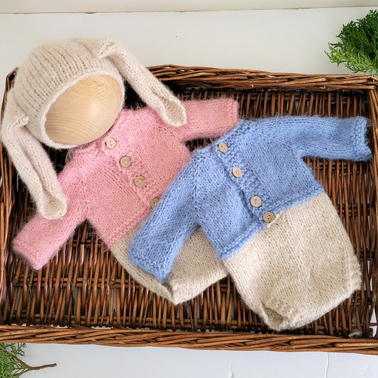 baby boy girl knitted bunny rabbit costume with a blue jacket or pink jacket and knitted bunny ears bonnet