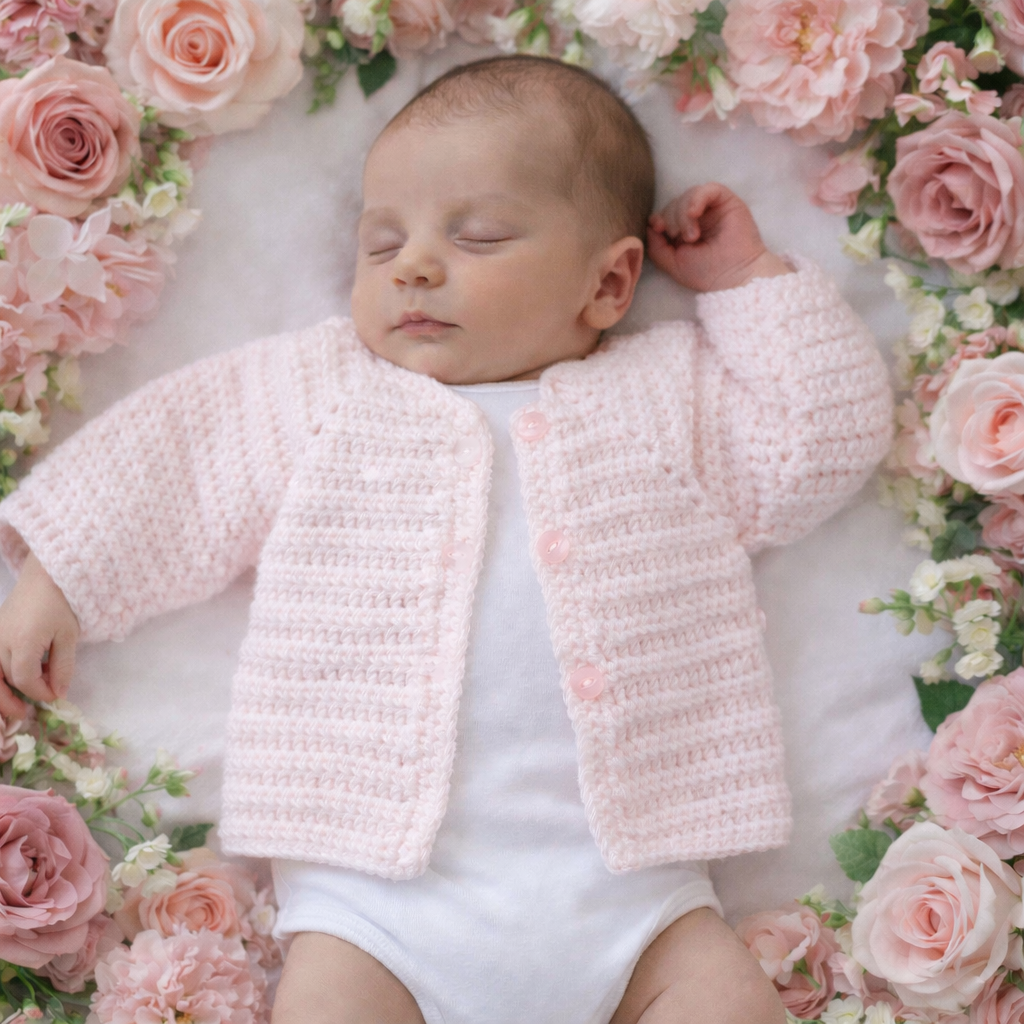 Newborn baby wearing a pink crochet cardigan surrounded by pink flowers