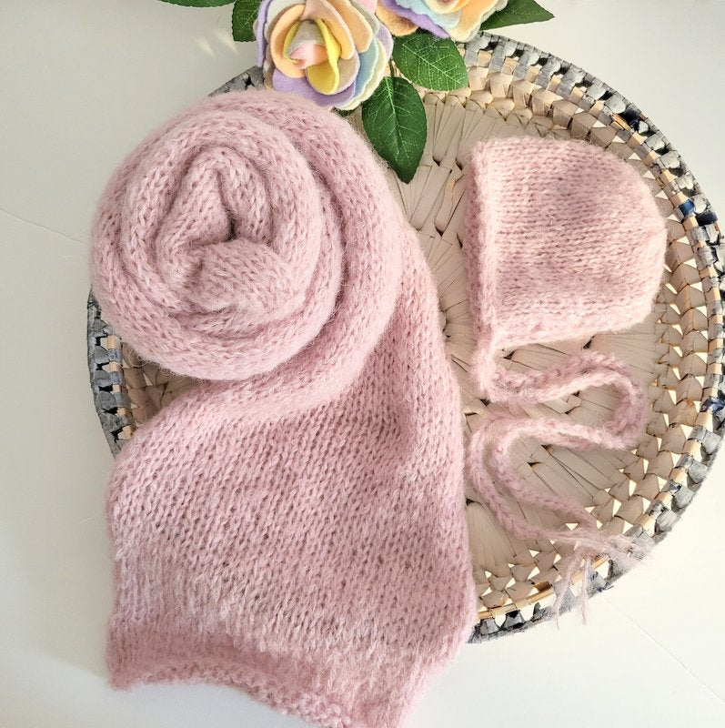 Pink knit stretch wrap and Newborn bonnet set  (Ready to send)