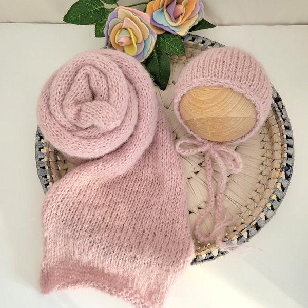 Pink knit stretch wrap and Newborn bonnet set  (Ready to send)