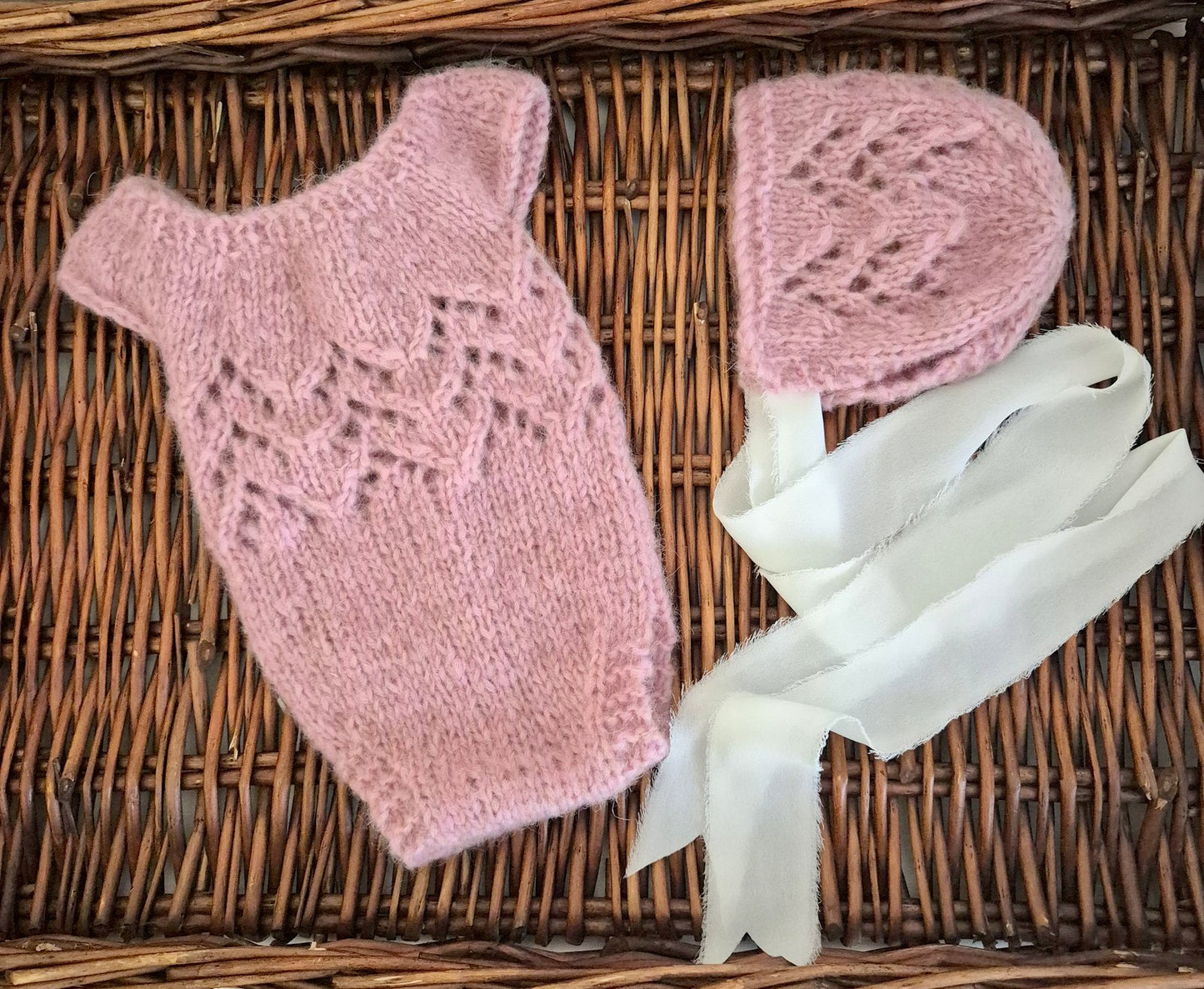 Knit Alpaca Newborn Baby Girl Lacy Romper matching Bonnet (Made to order) choose a colour!