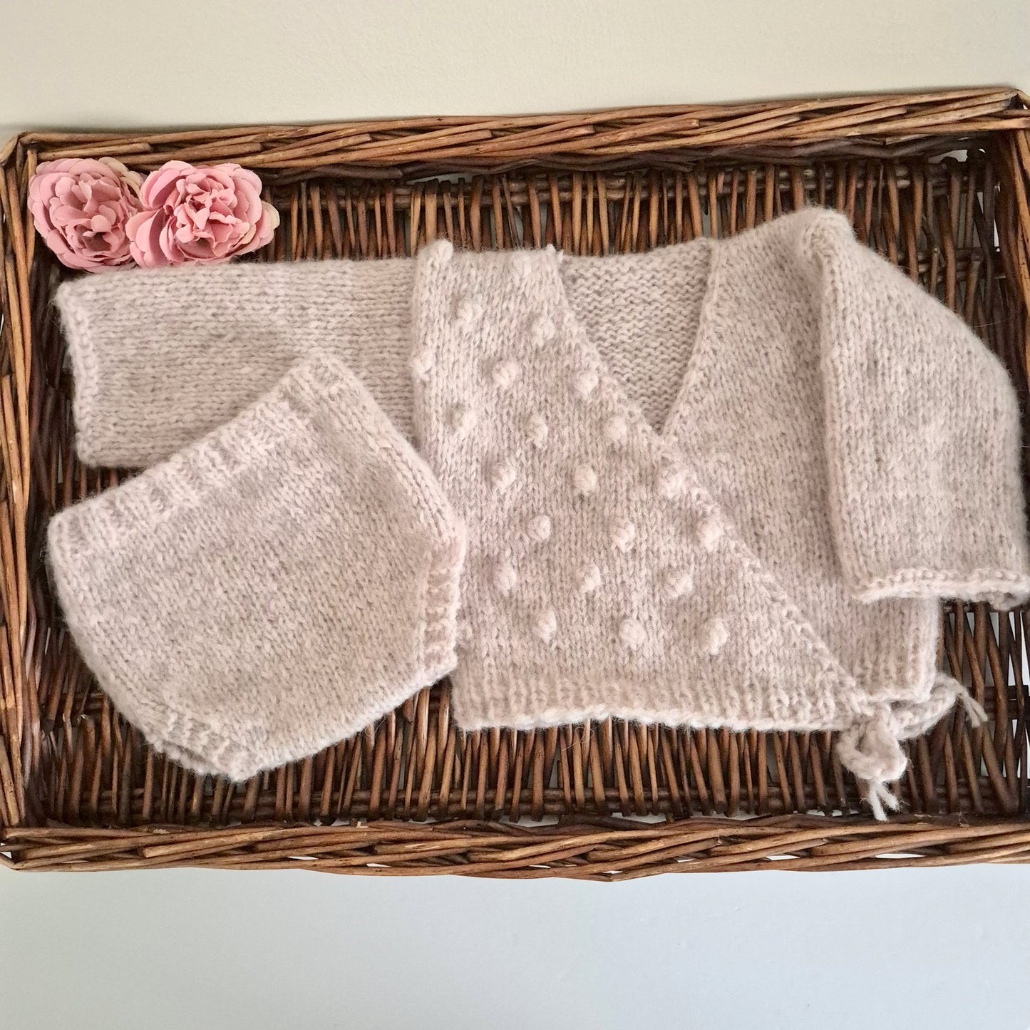 Hand Knit Alpaca Crossover Kimono Style Cardigan and Pants set for Newborn/ 0-3 months baby (Made to order) Photo prop, new baby gift.