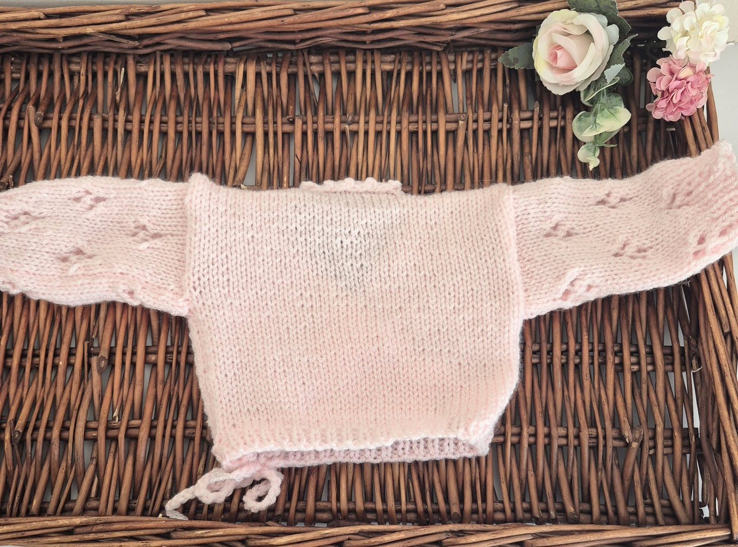 Knitted Acrylic Kimono style Jumper and Pants set with lace pattern. Newborn Prop, Coming Home outfit. ( MADE TO ORDER) 7 colours