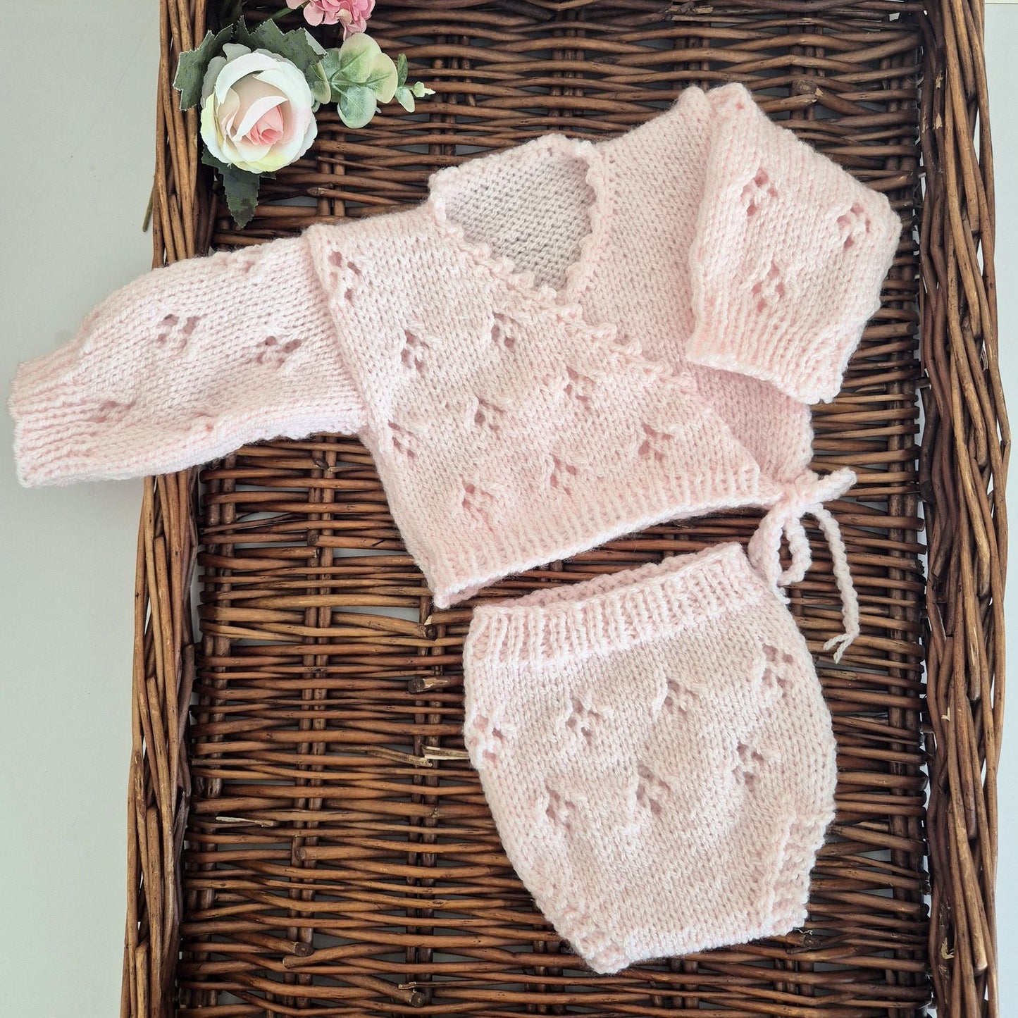 Knitted Acrylic Kimono style Jumper and Pants set with lace pattern. Newborn Prop, Coming Home outfit. ( MADE TO ORDER) 7 colours