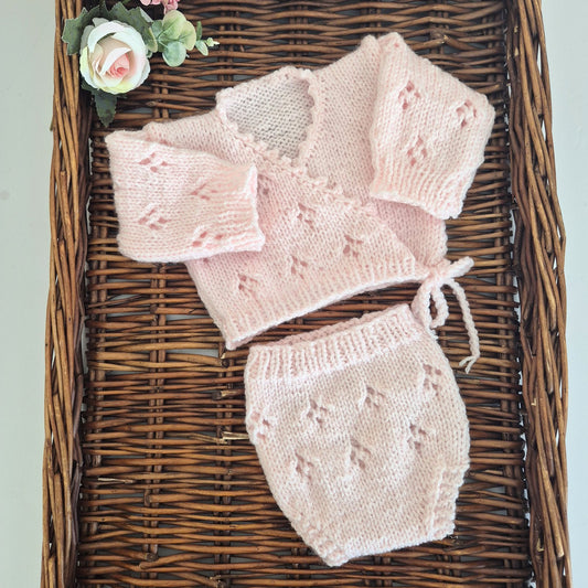 Knitted Acrylic Kimono style Jumper and Pants set with lace pattern. Newborn Prop, Coming Home outfit. ( MADE TO ORDER) 7 colours