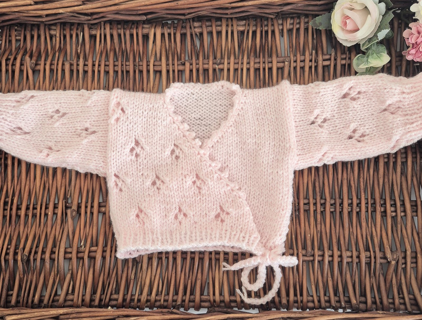 Knitted Acrylic Kimono style Jumper and Pants set with lace pattern. Newborn Prop, Coming Home outfit. ( MADE TO ORDER) 7 colours